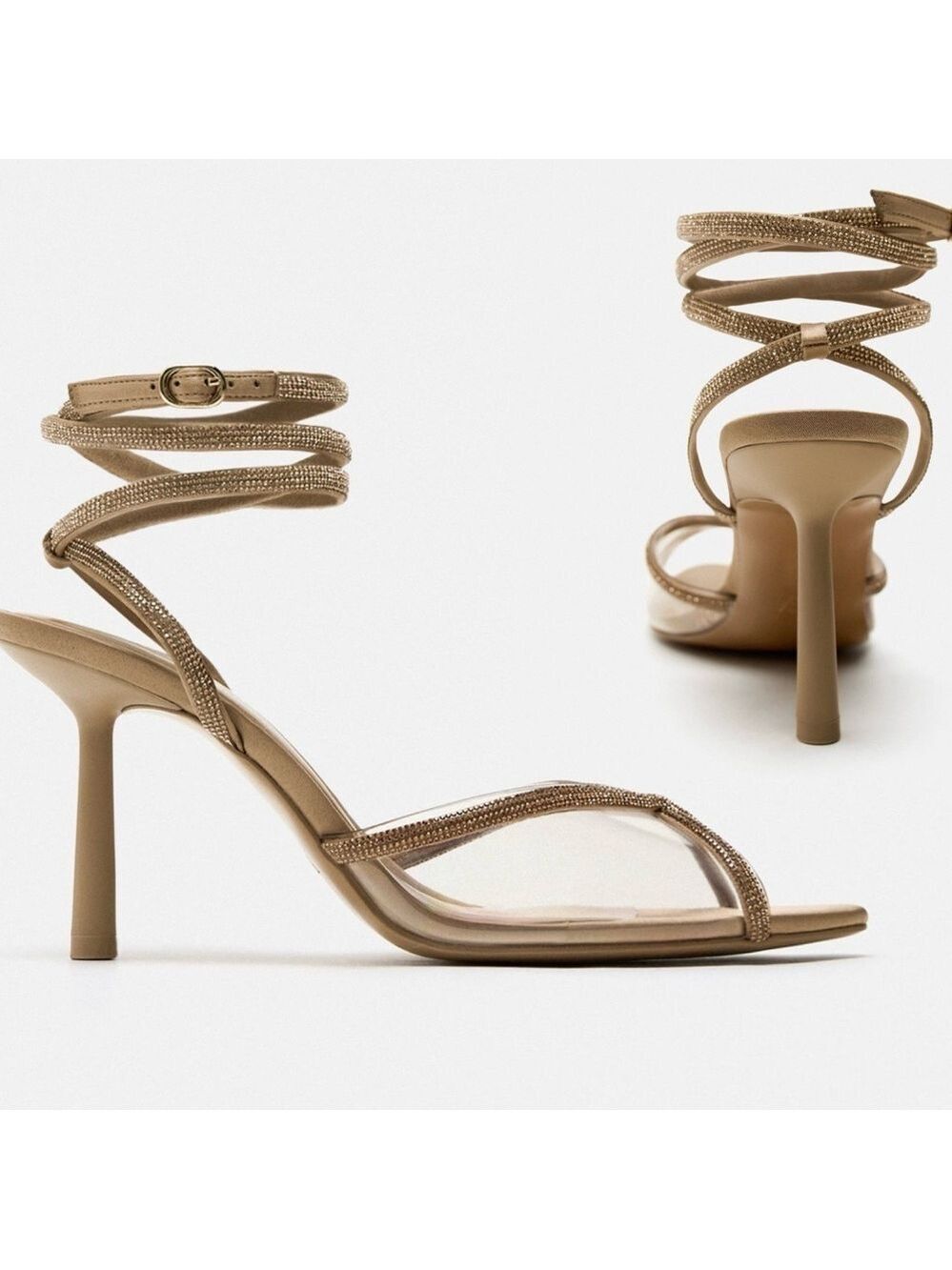 Zara Sandy Brown Crystal rhinestone lace up vinyl strappy high heel sandals 6.5 - Picture 4 of 10